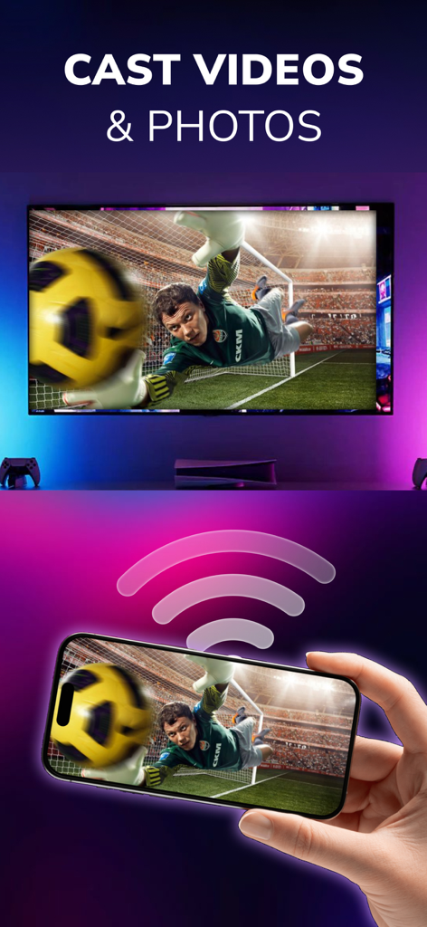 TV Remote Control - Smart TVs - Un smartphone diffusant sans fil une vidéo de football sur un grand écran de Smart TV