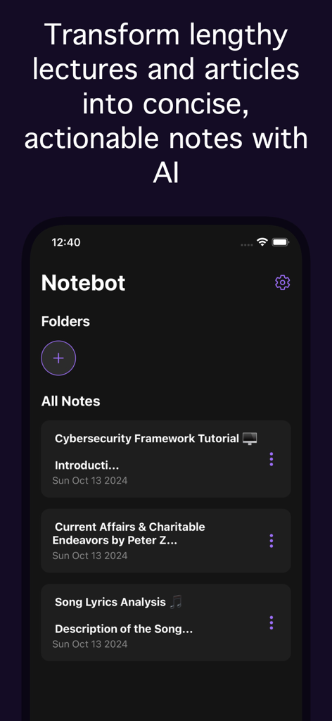 Notegpt - Note Taking AI - Notegpt mobile app interface showing a list of AI-summarized notes from lectures and articles.