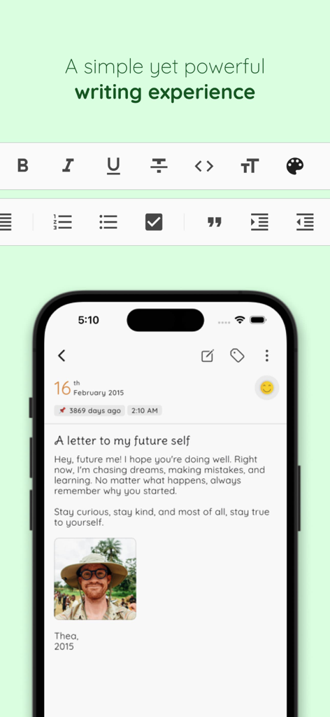 StoryPad: My Diary Journal - StoryPad app interface showing a diary entry titled A letter to my future self with rich text editing tools and a photo attachment