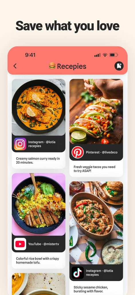 모바일 앱 인터페이스는 Instagram, TikTok, Pinterest, YouTube의 북마크된 레시피 컬렉션을 보여줍니다.