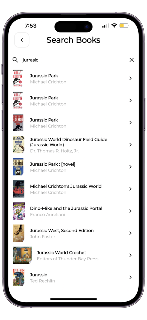 Quote Keeper: Save Book Quotes - The book search interface of the Quote Keeper app showing results for Jurassic Park