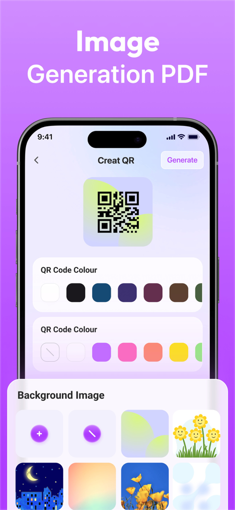 An iPhone screen showing the Create QR feature in the Super AI Scanner app with options for QR code color and background image selection.