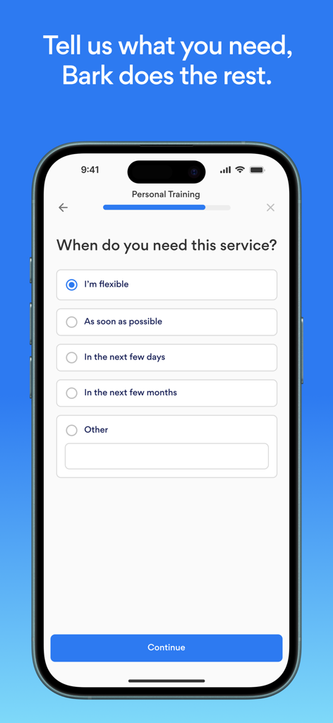 Bark: Great pros, found fast - プロの依頼時にサービス期間を選択するためのBarkアプリ画面。