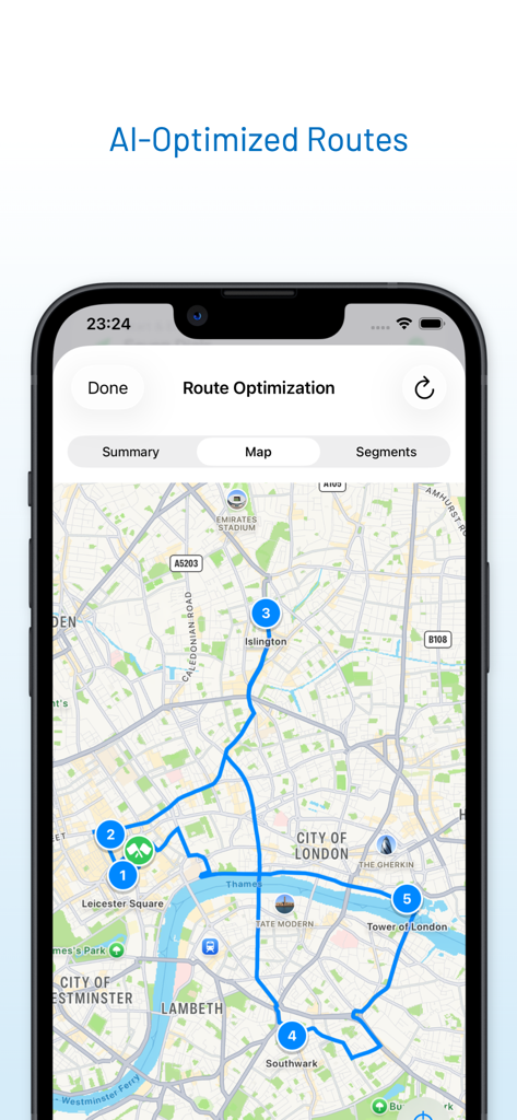 RouteGO - Route Planner - AI optimized multi stop route displayed on the RouteGO map interface