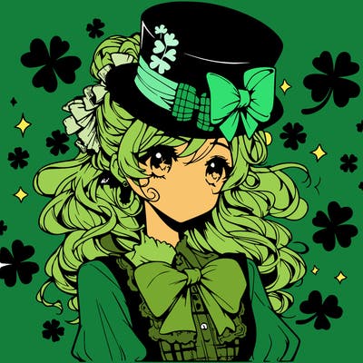 a manga-style girl with clovers around her, a little hat in her hair, like it's saint patrick's day