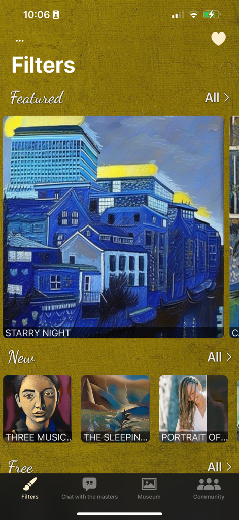 AI Impressionist Painter - Interfaz de la aplicación Pintor Impresionista IA mostrando varios filtros de arte, incluyendo estilos de La Noche Estrellada y Los Tres Músicos