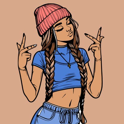 realistic teenage girl with braids and a beanie and crop top doing 🫶🏼