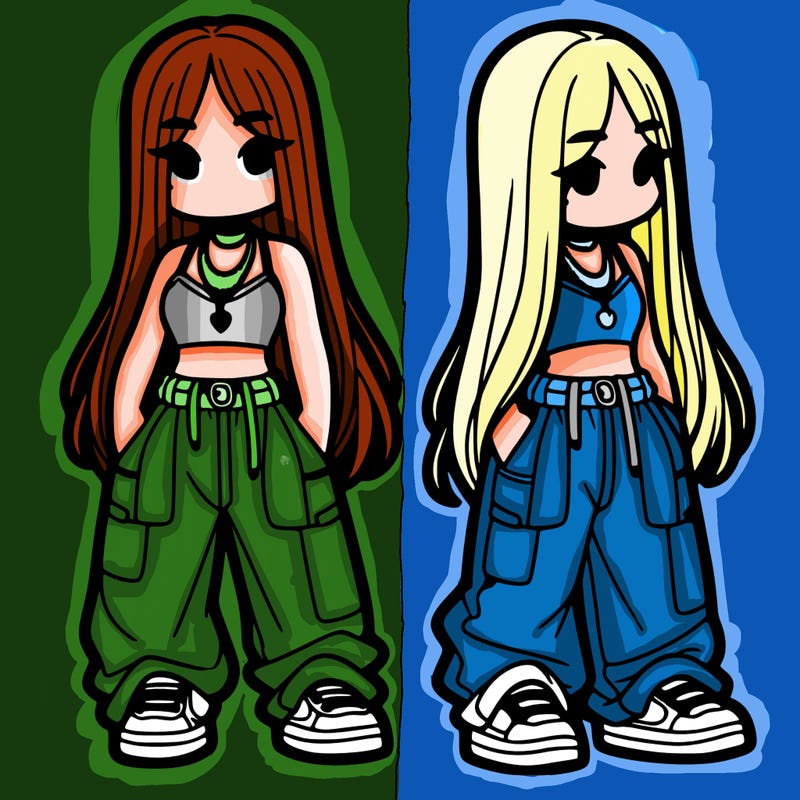 girl in baggy pants crop top and long hair