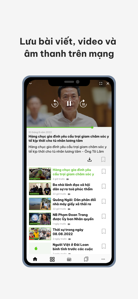Giao diện ứng dụng RFA Vietnamese nêu bật tính năng lưu các bài viết và video tin tức.