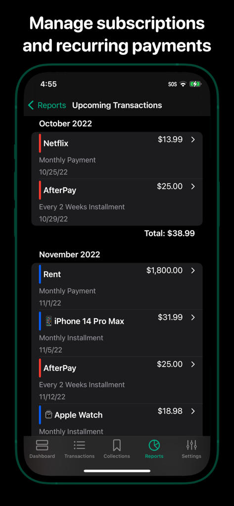 Surplus app interface listing upcoming transactions and recurring subscription payments