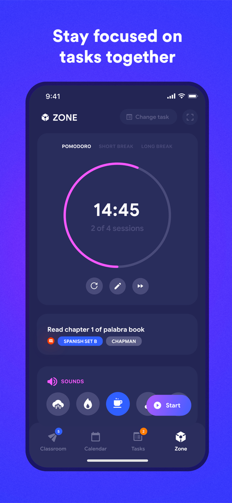 Classify — School Planner - Classify app Zone feature showing a Pomodoro focus timer and ambient study sound options