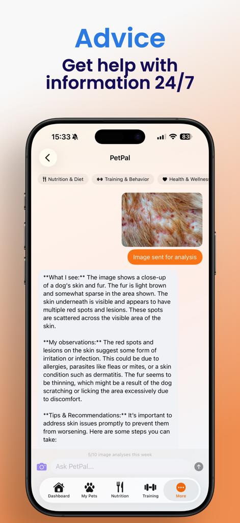 Pet Manager: AI Pet Care - AI health analysis of a dog skin condition in the Pet Manager app chat