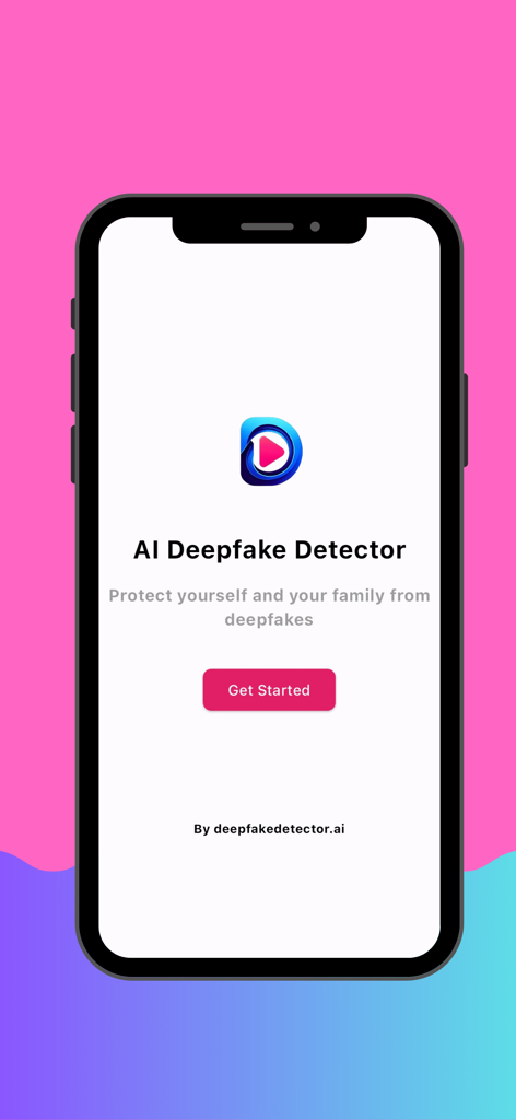 AI Deepfake Detector mobile app splash screen with logo and get started button