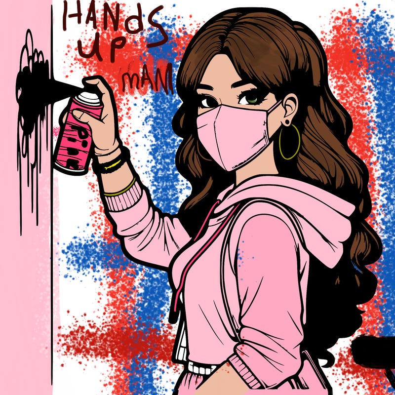 realistic girl with mask spray painting a wall