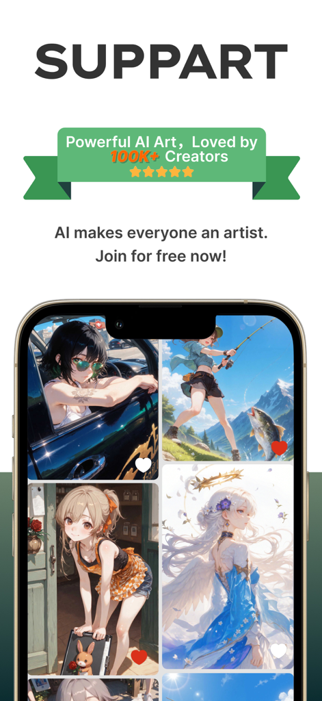 SUPPART AI Anime Art Generator - Interfaz de la aplicación SUPPART AI Anime Art Generator mostrando una galería de ilustraciones de anime de alta calidad