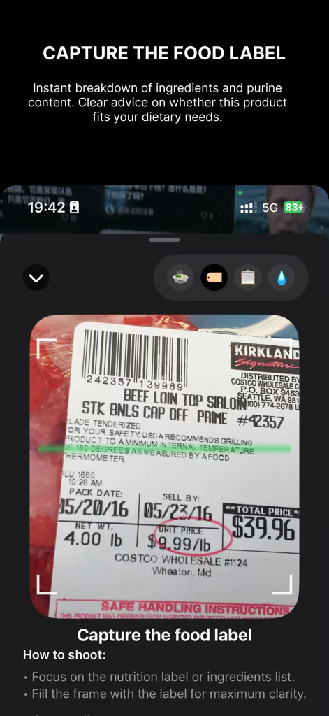 A mobile app interface showing a smartphone scanning a beef label for purine content analysis