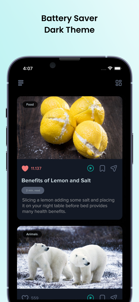 Daily Fun Facts: Did You Know? - Mobile app interface for Daily Fun Facts featuring a dark theme and trivia cards about food and animals.