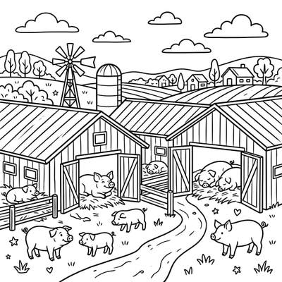 Immerse yourself in a tranquil farm scene with this delightful hog barns coloring page. Perfect for a relaxing weekend, it features charming pigs enjoying their peaceful rural setting.