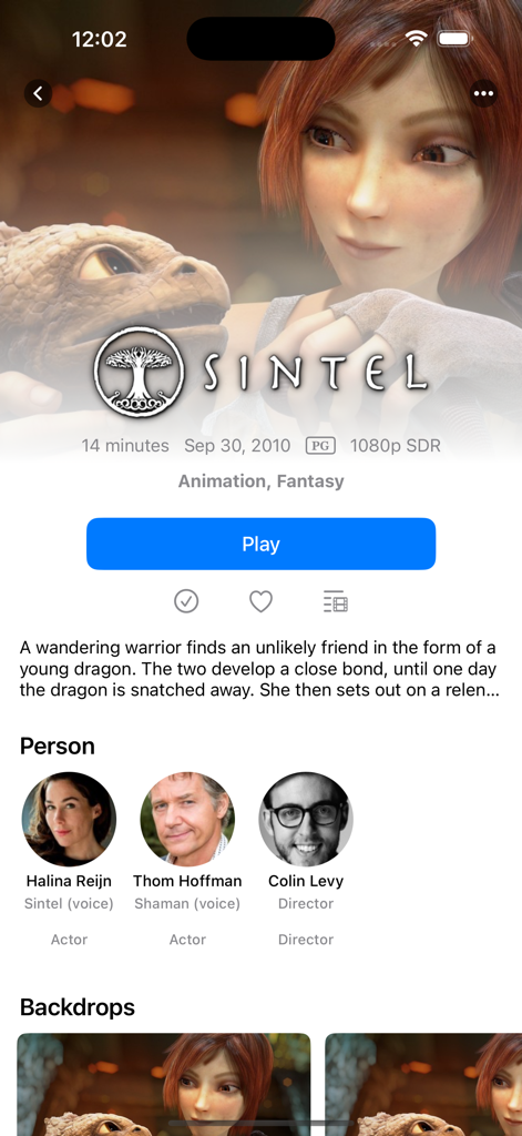 Interface do aplicativo Lenna mostrando detalhes do filme para Sintel, incluindo sinopse, membros do elenco e especificações técnicas.