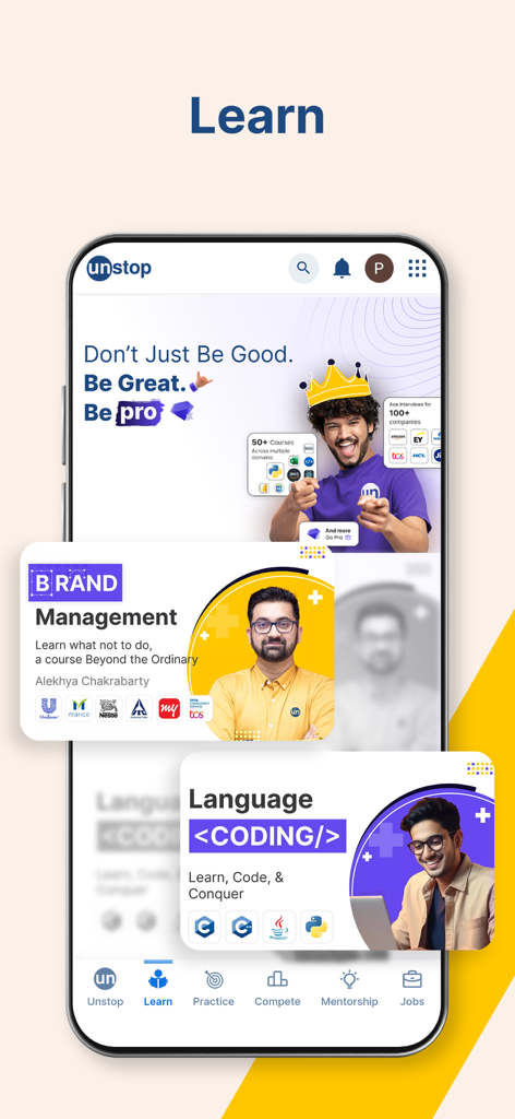 The Learn screen of the Unstop app featuring skill-based courses in coding and brand management.