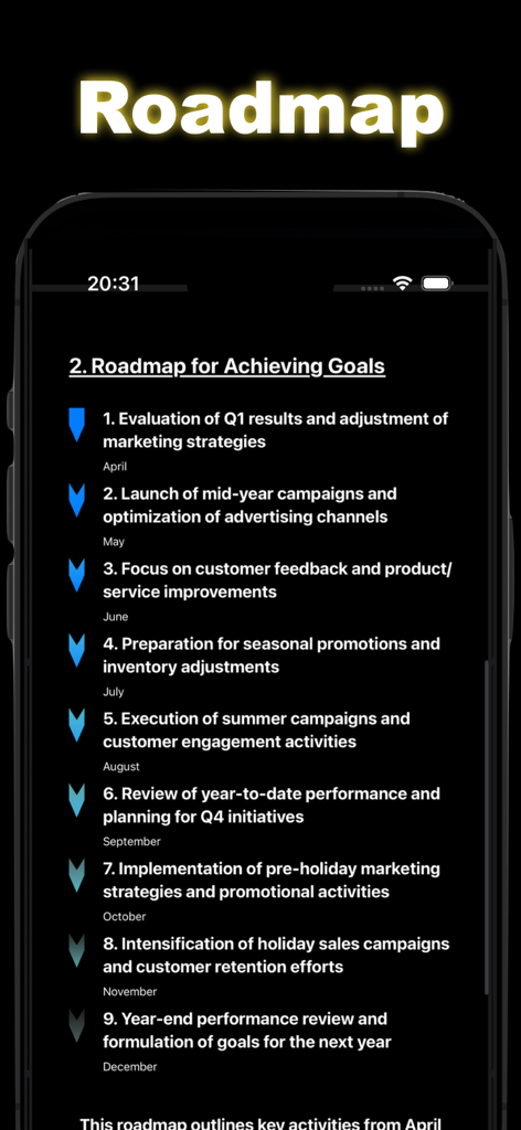 A mobile app interface displaying a professional roadmap created with SlideAI Pro featuring monthly strategic goals