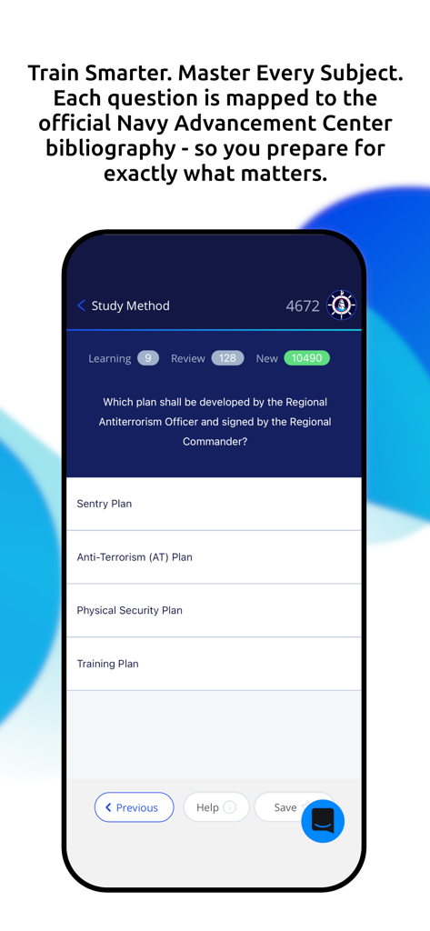 Bluejacketeer - Bluejacketeer mobile app interface showing a multiple choice question for Navy advancement study based on official bibliography