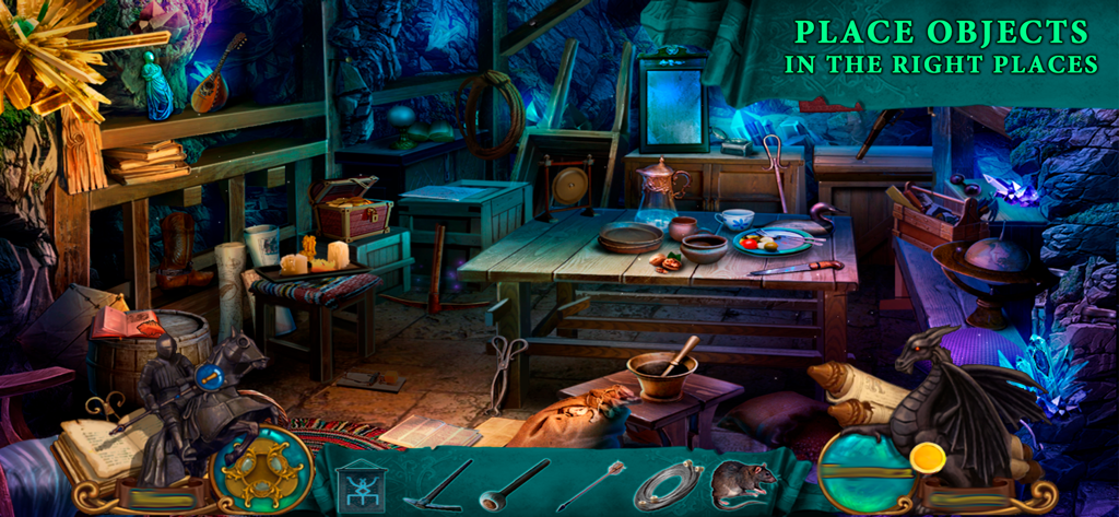 A medieval hidden object scene from Camelot 2 where players place items in the correct locations