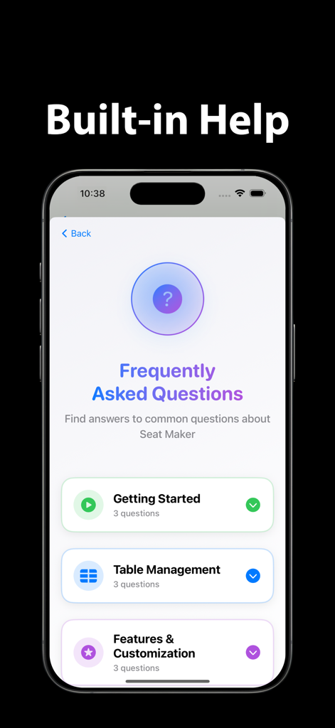 Pantalla de ayuda integrada de la aplicación Seat Maker que muestra categorías de preguntas frecuentes como gestión de mesas y cómo empezar.