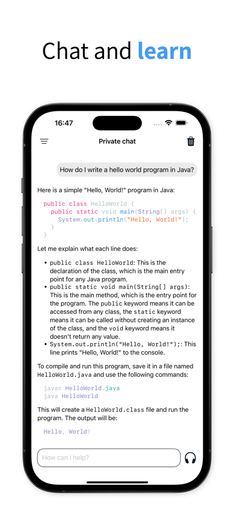 Enclave app interface showing a private chat with an AI assistant explaining Java programming code.