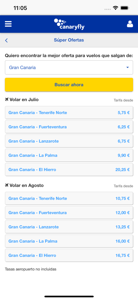 Canaryfly - Interfaz de la app móvil Canaryfly mostrando ofertas de vuelos baratos entre las Islas Canarias