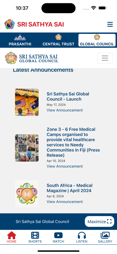 Prasanthi Connect - Prasanthi Connect mobile app interface displaying the latest global announcements and community updates