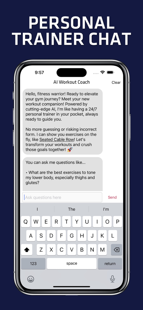 AI personal trainer chat screen from Gym Workout Planner For Women app