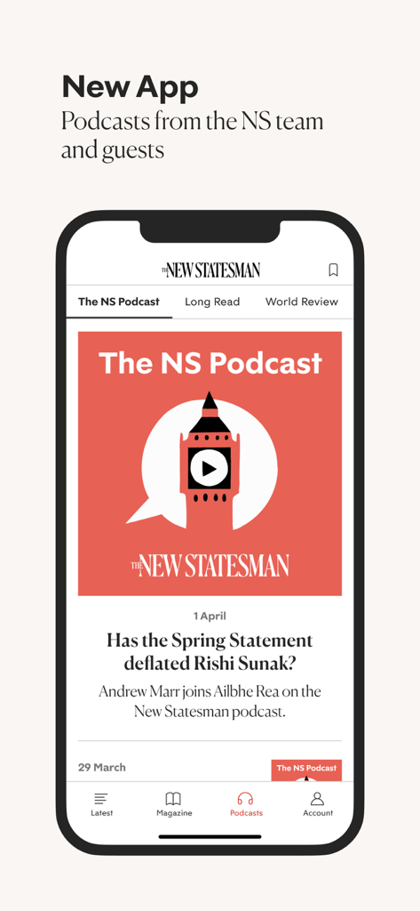 New Statesman Magazine - New Statesman Magazine app interface showing the podcasts section with a featured episode about the Spring Statement