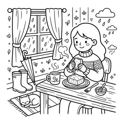 This charming coloring page captures the perfect rainy day scene, featuring a girl enjoying delicious cornbread indoors. With an umbrella, rain boots, and a cute sleeping cat, it's ideal for a cozy afternoon of creativity.