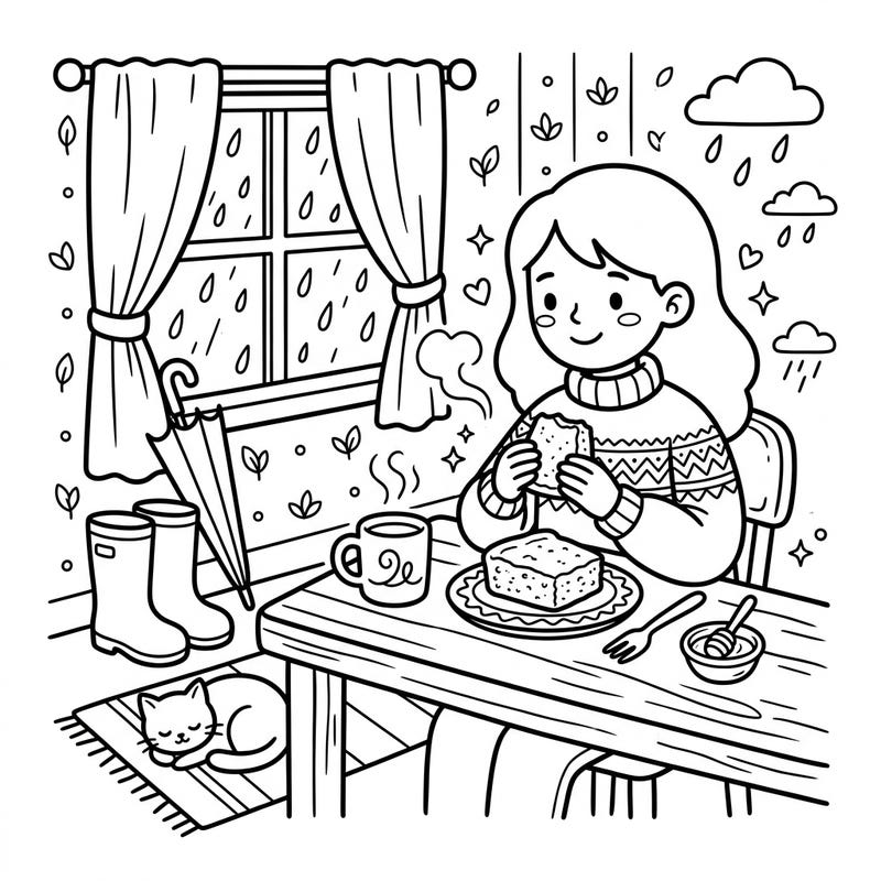 This charming coloring page captures the perfect rainy day scene, featuring a girl enjoying delicious cornbread indoors. With an umbrella, rain boots, and a cute sleeping cat, it's ideal for a cozy afternoon of creativity.