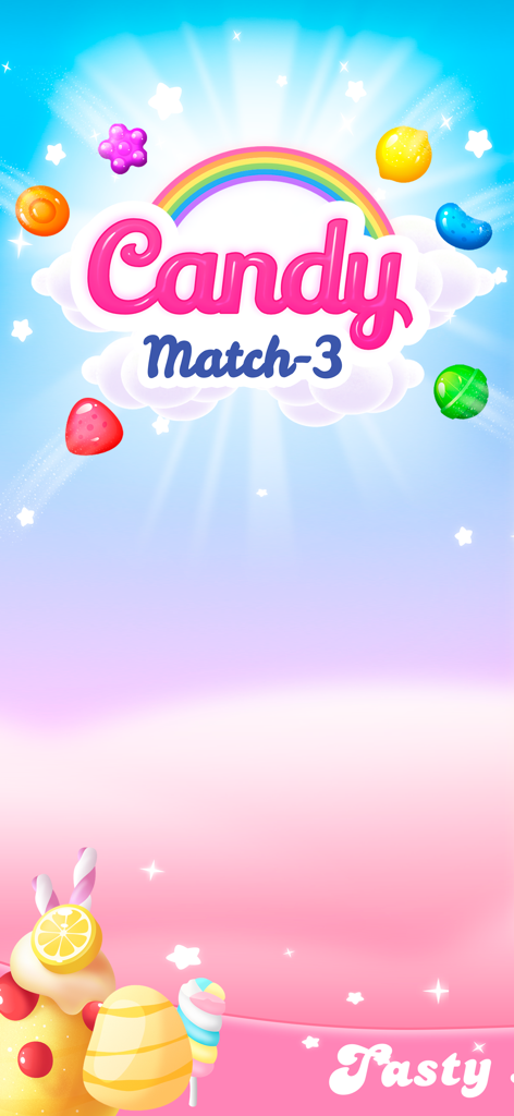 Candy Match 3: Sweet Lands - Candy Match 3 Sweet Lands game title screen featuring a rainbow and vibrant candies.