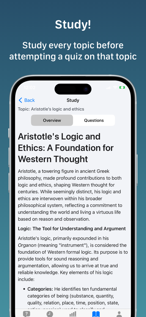 Philosophy+ - A study screen in the Philosophy+ app providing an overview of Aristotle's logic and ethics.