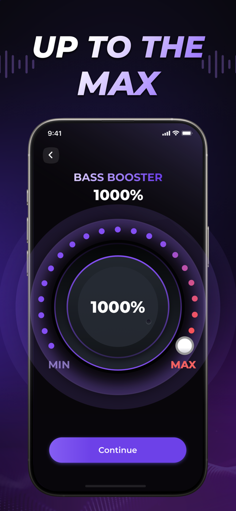 Music Booster: Louder Volume - Tela do iPhone mostrando o aplicativo Music Booster com um controle de intensificador de graves definido em 1000 por cento e o texto "até o máximo"