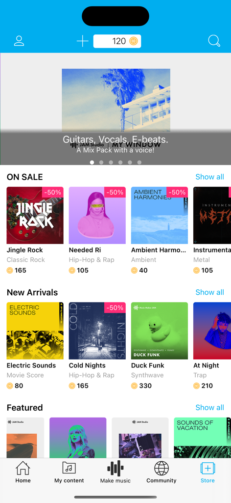 Music Maker JAM app store interface displaying featured music mix packs and new arrivals