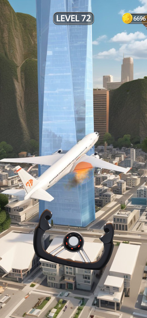 Un avión jet blanco con un motor humeante vuela más allá de un rascacielos de cristal azul en un entorno urbano.