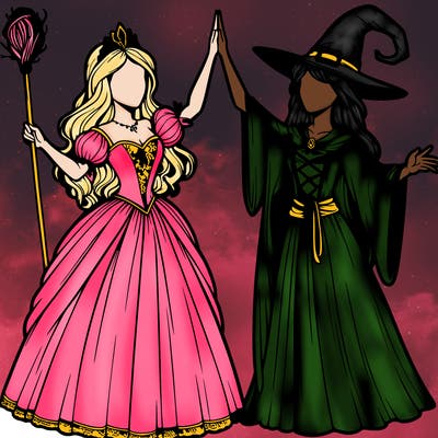 detailed realistic split of a princess and a witch