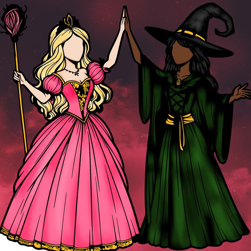 detailed realistic split of a princess and a witch