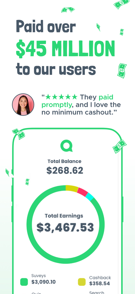Qmee app screen showing total user earnings and a positive review highlighting the no minimum cashout feature