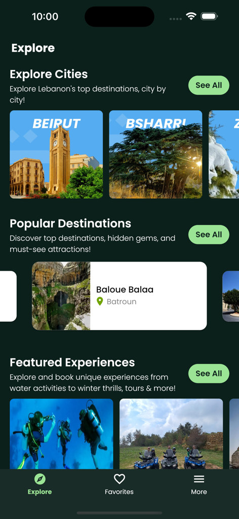 도시 가이드와 인기 목적지가 포함된 레바논 여행 앱 탐색 화면
