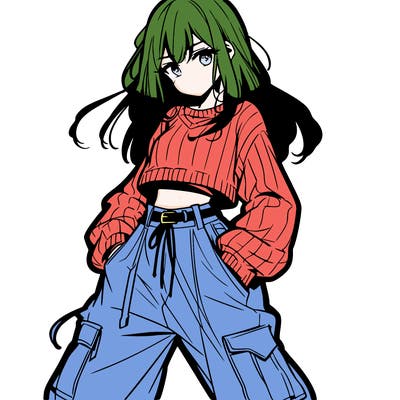 anime teen girl with baggy pants and crop top with sweater