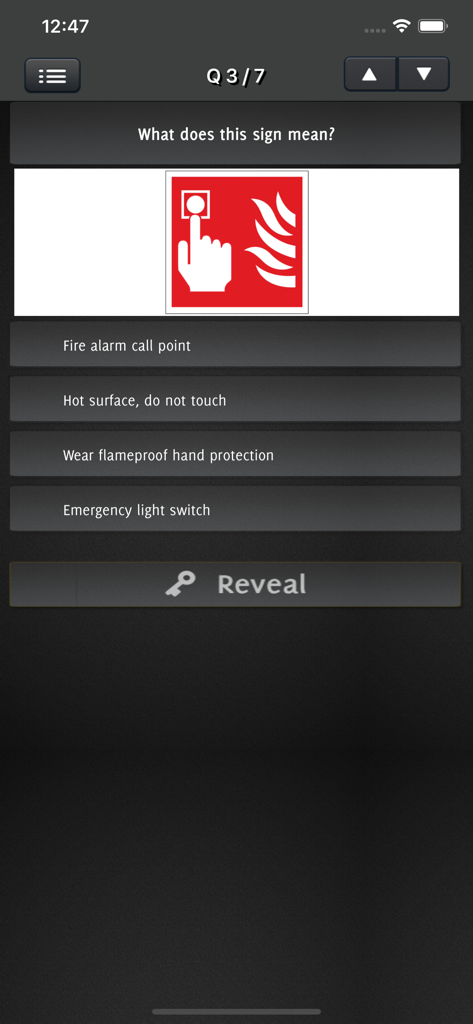 ECS Card Revision - Multiple choice practice question in the ECS Card Revision app asking to identify a fire safety sign.