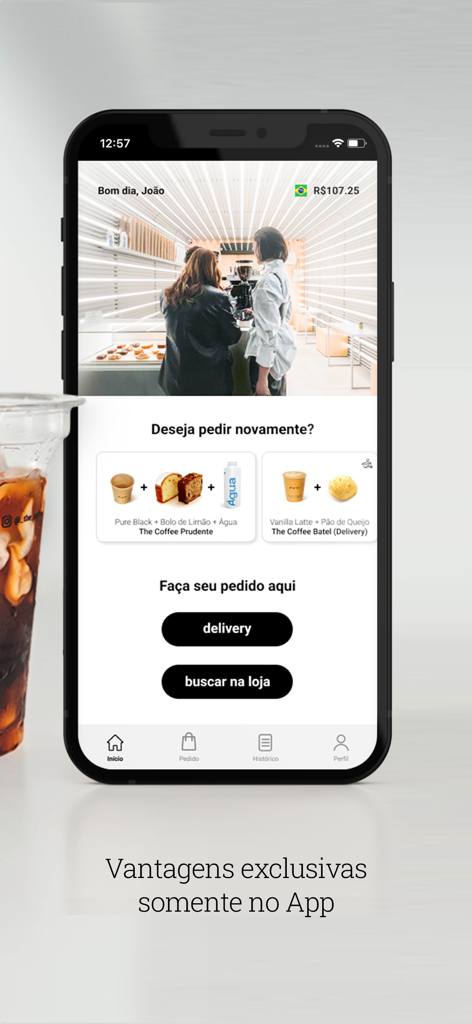 The Coffee - Minimalist home screen of The Coffee mobile app showing delivery and pickup ordering options