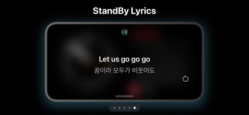 Dynamic Lyrics Widget - iPhone screen in StandBy mode showing dynamic music lyrics in English and Korean.
