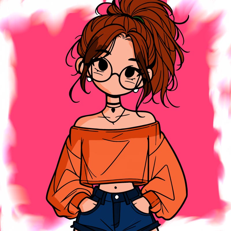 girl with a messy ponytail glasses a baggy crop top and jean shorts