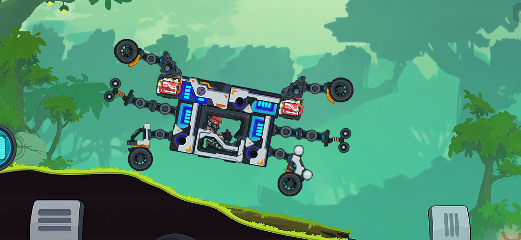 Battle Climb Racing - A custom multi-wheeled robot vehicle driving across a jungle terrain on an alien planet